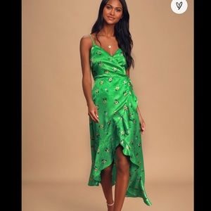 Lulus Green Floral Satin High-Low Midi Wrap Dress